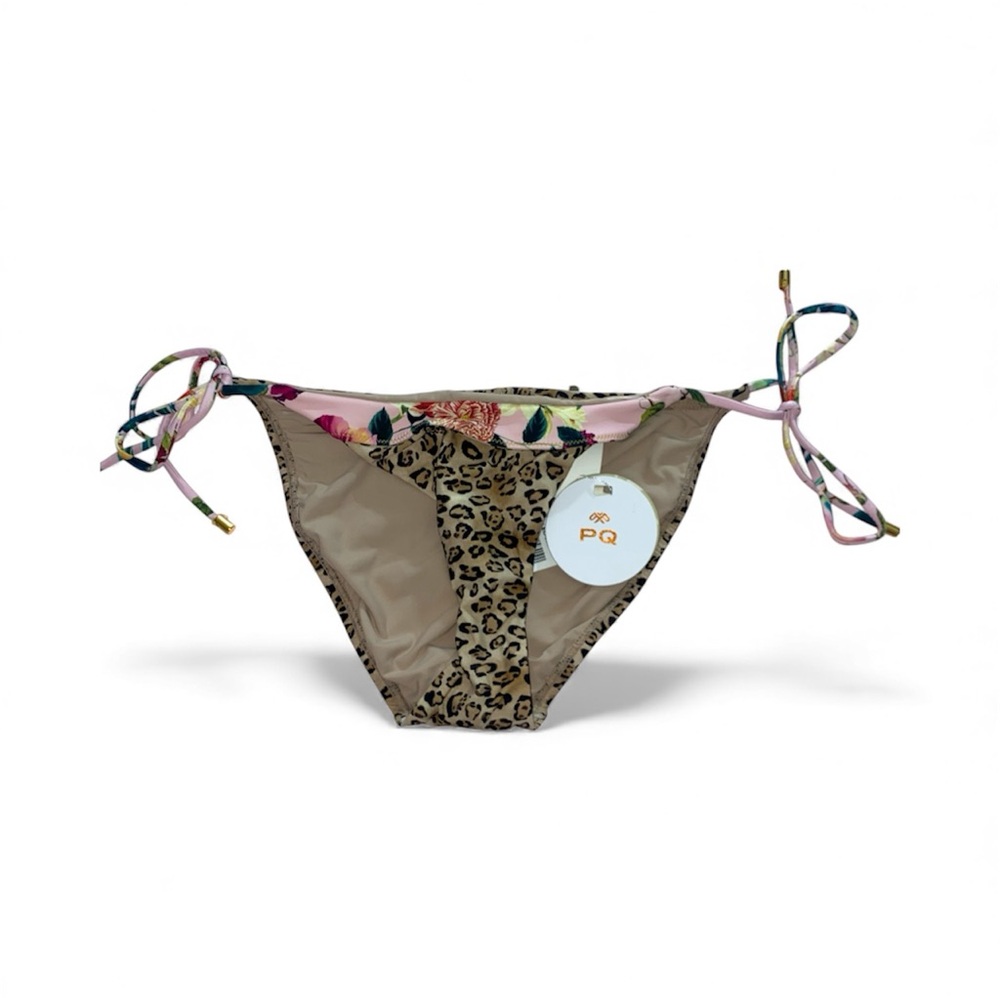 NWT PQ Swim string tie bikini bottom with leopard print and floral waistband S